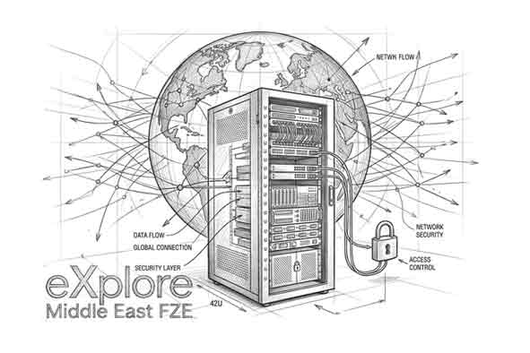 Illustration of a secure server rack connected to a global network, representing domain registration and managed web hosting