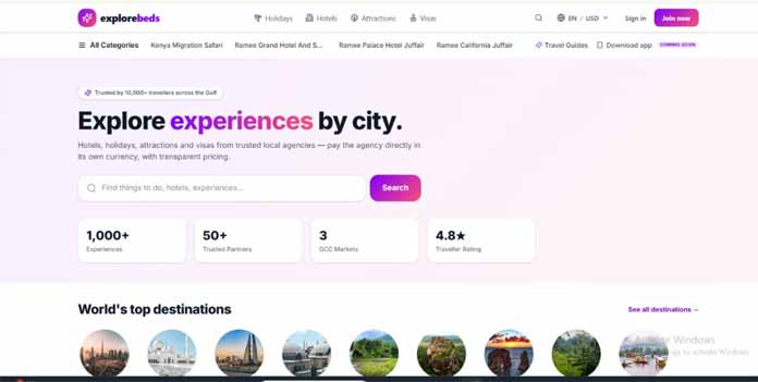 Explore Beds B2C travel platform homepage, built by Explore Middle East FZE
