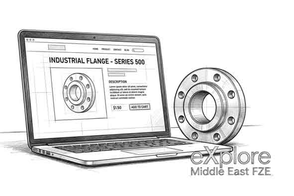 Illustration of a steel product page with an industrial flange on a laptop, from a website designed by Explore Middle East FZE